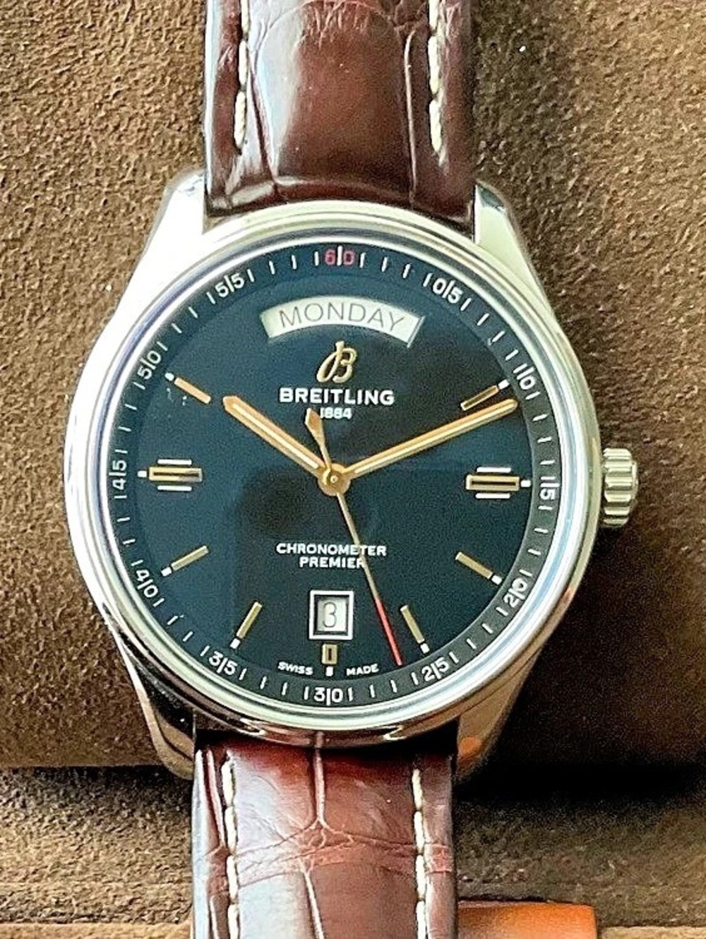 Breitling Premier Automatic Day & Date 40 Leather Watch in Brown & Blue